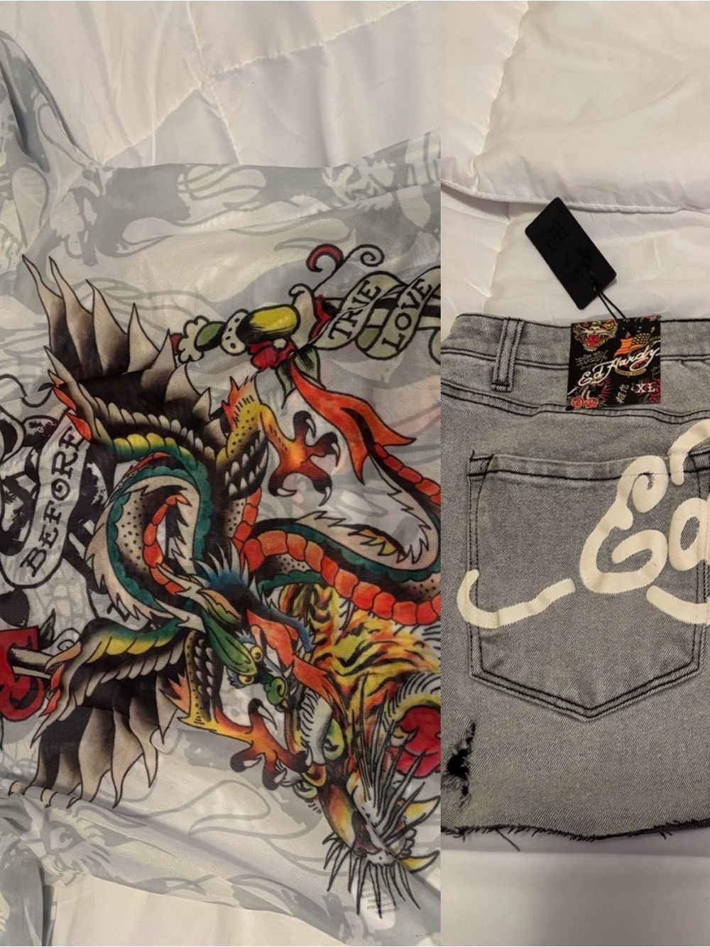 Ed Hardy White Sheer Long Sleeve Mesh Top and Denim Skirt Set